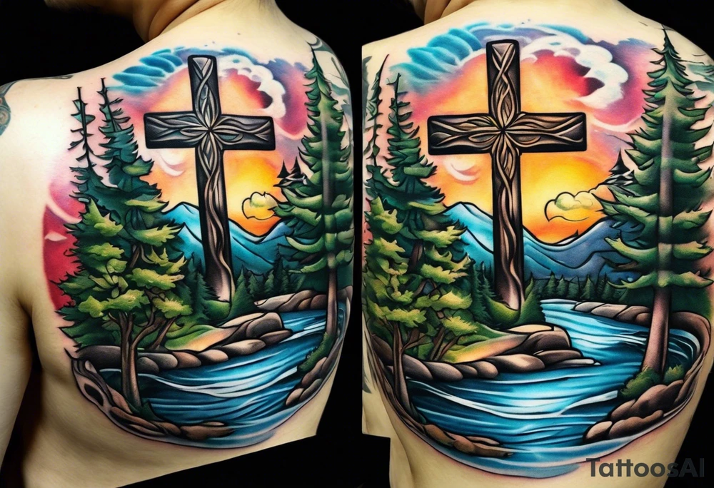 Cross with a river and evergreens tattoo idea