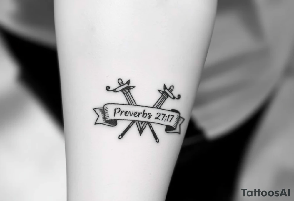 Two swords in a forearm tattoo sketch style, with a flowing banner that reads “Proverbs 27:17” Black ink, simple and bold. tattoo idea