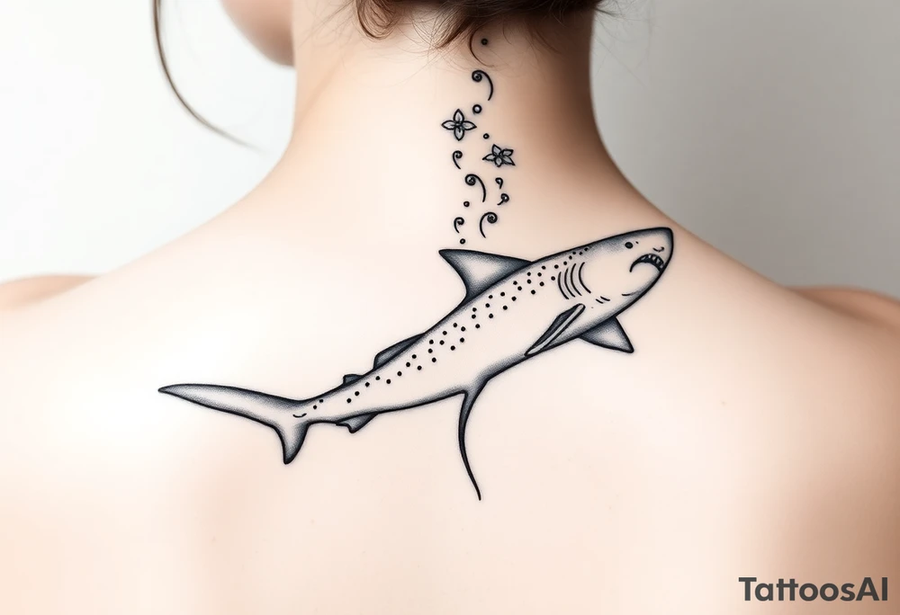 lemon shark and whale shark swimming up the spine tattoo idea