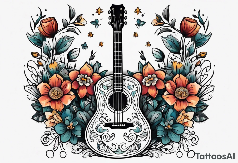 traditional vintage tattoo of guitar simple  flowers and banner tattoo idea
