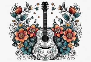 traditional vintage tattoo of guitar simple  flowers and banner tattoo idea