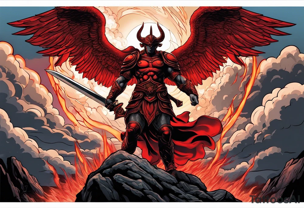 Michael the Archangel standing over satan with sword.  Clouds and lightning in background.  Red lava below satan under a rock tattoo idea