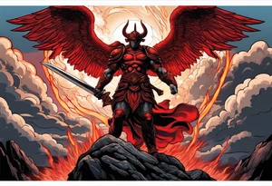 Michael the Archangel standing over satan with sword.  Clouds and lightning in background.  Red lava below satan under a rock tattoo idea