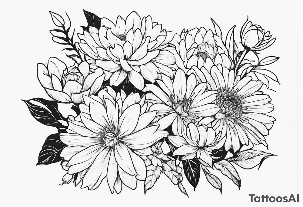Asters, roses, lillies, and chrysanthemums in a long line tattoo idea