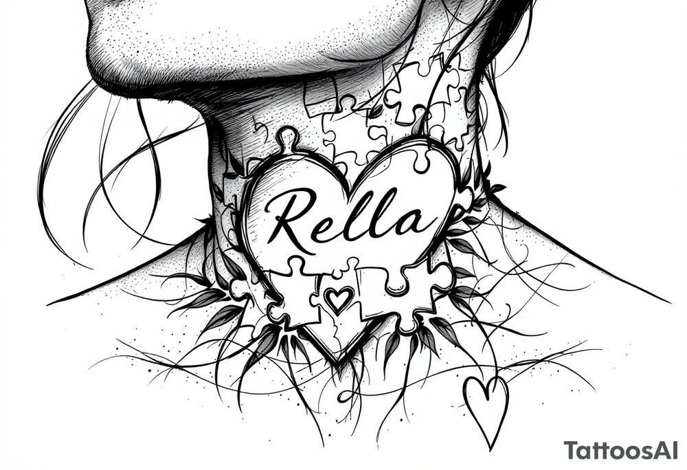 Puzzle piece neck tattoo where one of the pieces says Rella with an heart tattoo idea