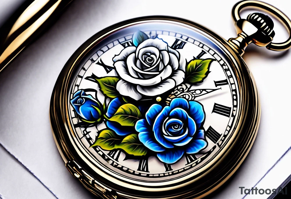Pocket watch with blue roses tattoo idea