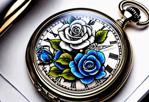 Pocket watch with blue roses tattoo idea