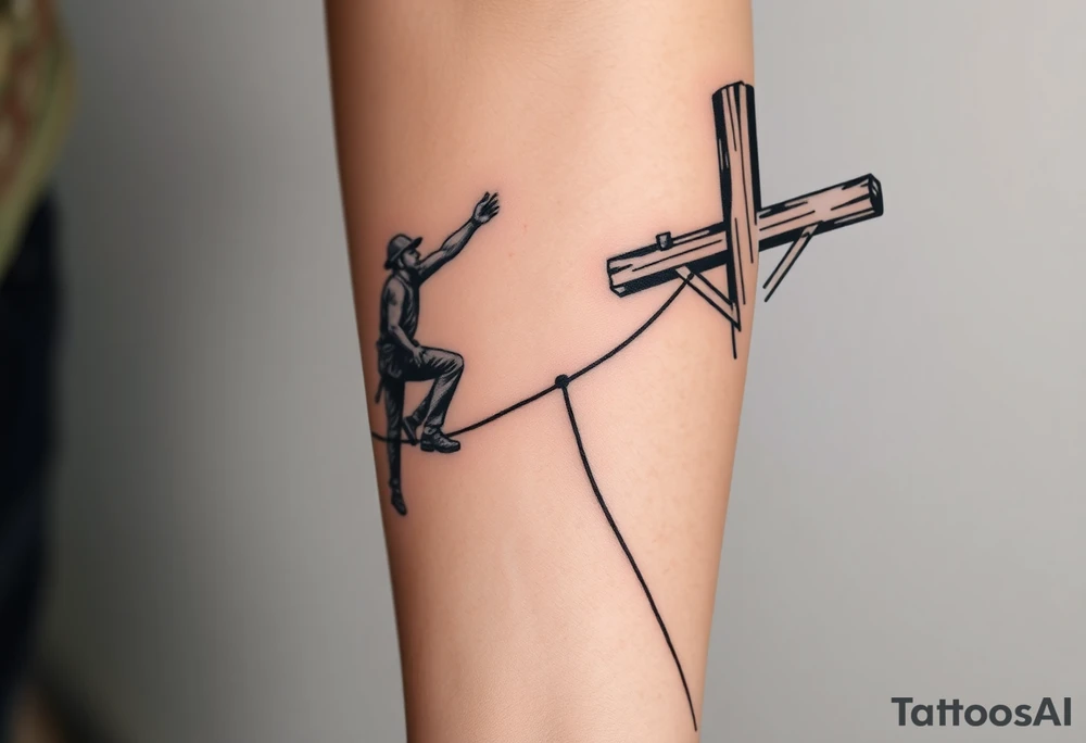 power lineman climbing a wooden 12kv pole. Make the pole a cross that has a hidden resemblance to god. Make the lineman Mexican tattoo idea