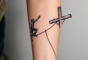 power lineman climbing a wooden 12kv pole. Make the pole a cross that has a hidden resemblance to god. Make the lineman Mexican tattoo idea