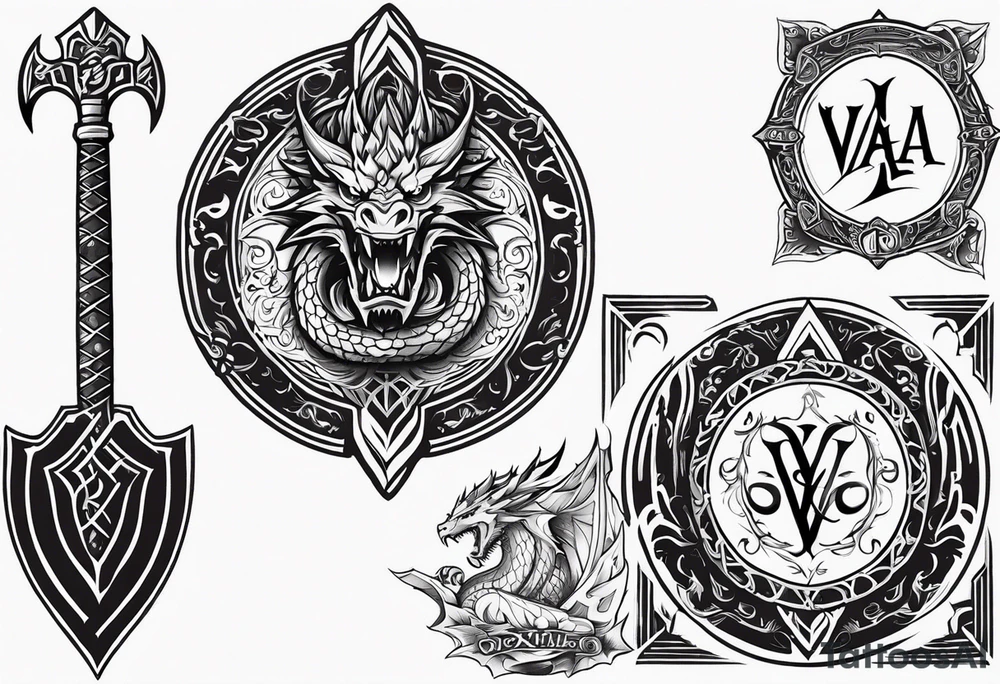 Valhalla sword shield dragon axe tattoo idea