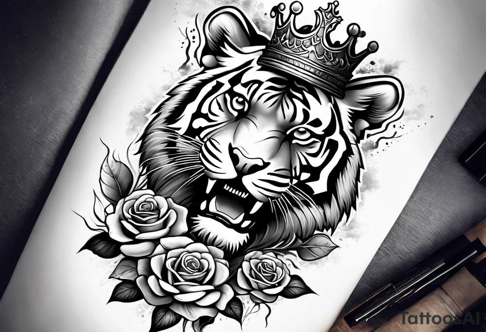 Full right arm sleeve  tiger with a crown and third eye with a hour glass instead the hour glass brain cover in in clouds and a heart cover in grass and roots with roses and smoke all over the arm tattoo idea