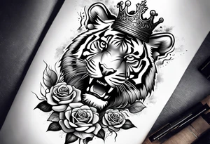 Full right arm sleeve  tiger with a crown and third eye with a hour glass instead the hour glass brain cover in in clouds and a heart cover in grass and roots with roses and smoke all over the arm tattoo idea