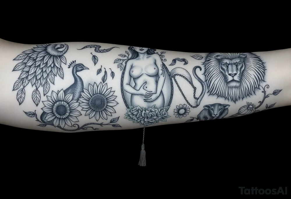 Storm, darkness, seven deadly sins, fat naked woman, peacock, dead sunflower and rosesflowers, razor blades, noose, couple having sex , cupcake ,cigerettes storm clouds coins, mirror, lamb, lion tattoo idea