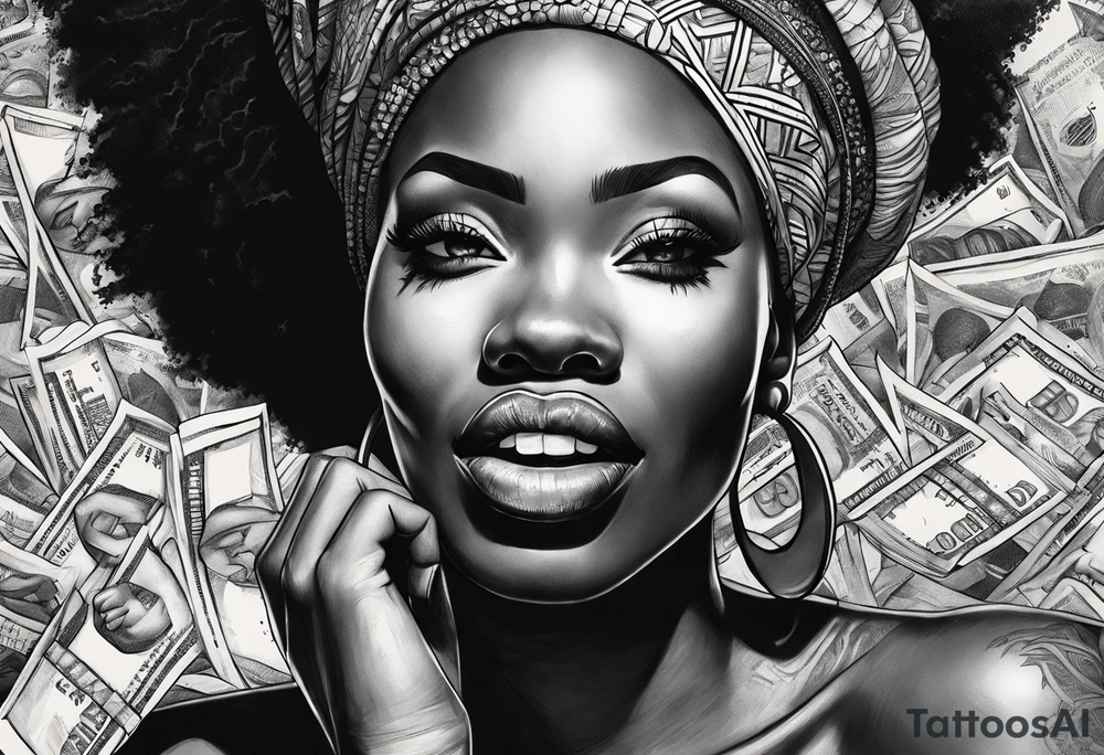 african woman biting money tattoo idea