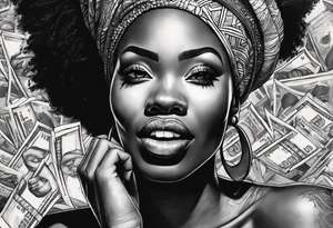 african woman biting money tattoo idea