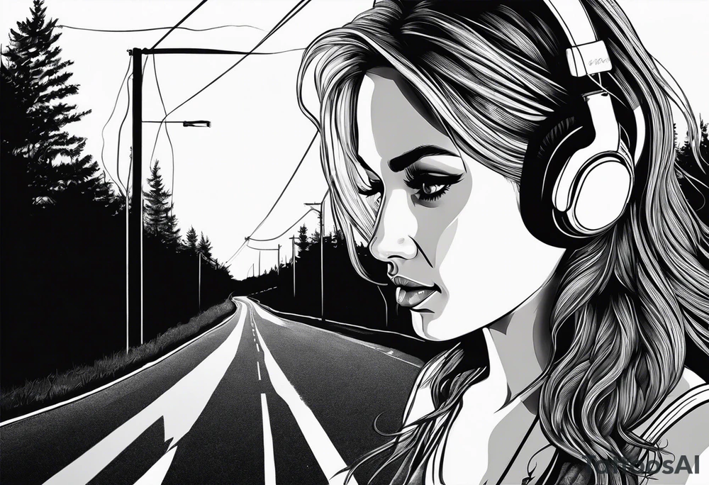 a girl listening to music with over the ear headphones along a dark road at night showing her shadow tattoo idea