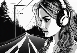 a girl listening to music with over the ear headphones along a dark road at night showing her shadow tattoo idea