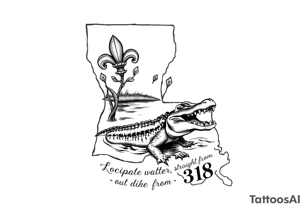 Louisiana state outline with fleur-de-lis, a bayou with a gator , the 318 area code and and quote that says  Out the dirt, out the water, straight from 318 tattoo idea