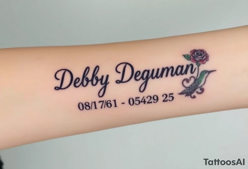Tattoo of the exact name Debby Deguzman in chunky bold curly cursive with the exact dates of 08/17/61-05/29/25 surrounded by 1 hummingbird and 1 rose tattoo idea