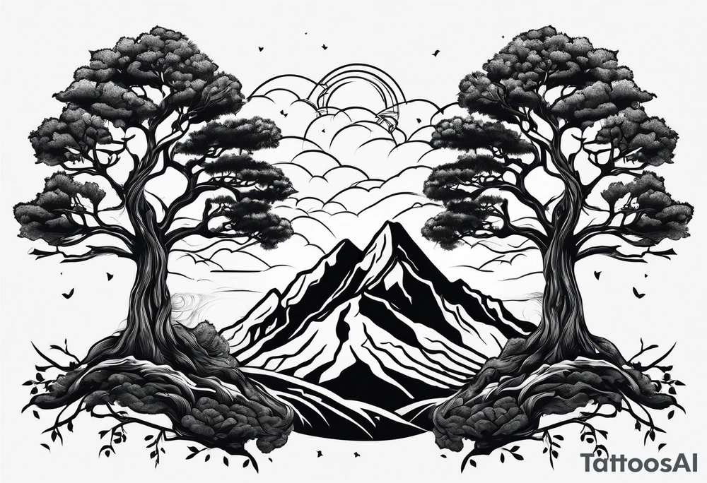 Three mountains three trees with roots tattoo idea