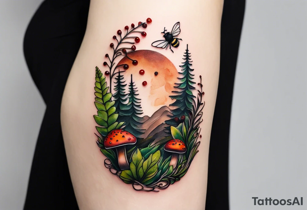 minimalistic forest floor inspired tattoo, which includes grass, moss, curly ferns and dead leaves as the bulk of the tattoo. details to include: forest berries, couple of very small brown mushrooms, a tiny bumblebee flying nearby tattoo idea