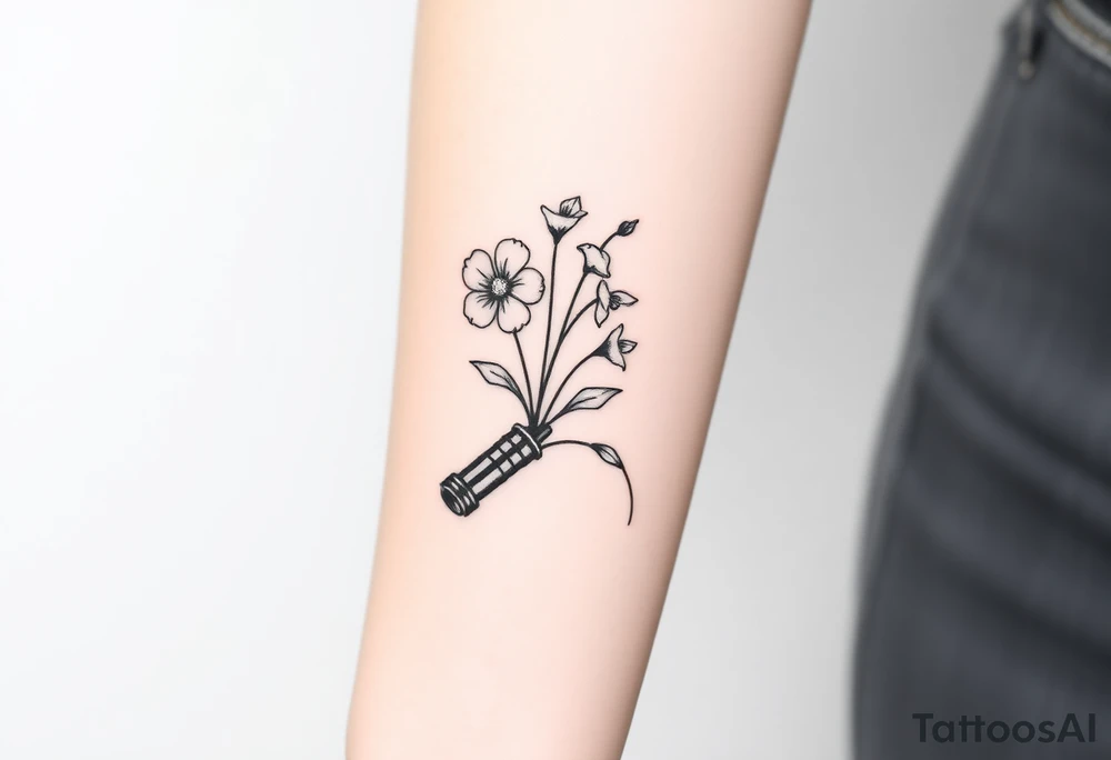 Star Wars Lightsaber handle with a daisy, morning glory, and lily of the valley in it tattoo idea