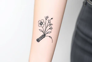 Star Wars Lightsaber handle with a daisy, morning glory, and lily of the valley in it tattoo idea