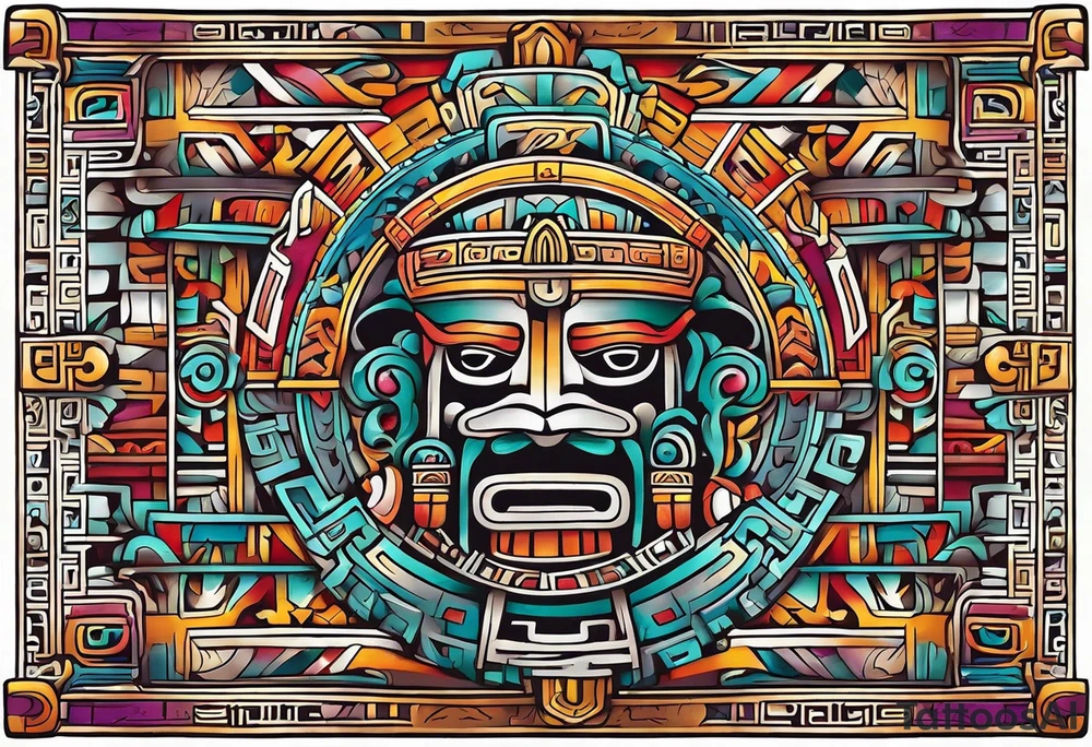Colorful ancient Mayan hieroglyph tattoo idea