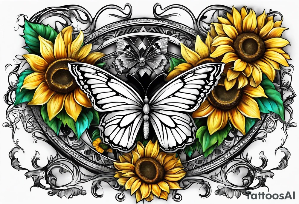 Wing cross with sunflower and butterflies tattoo idea