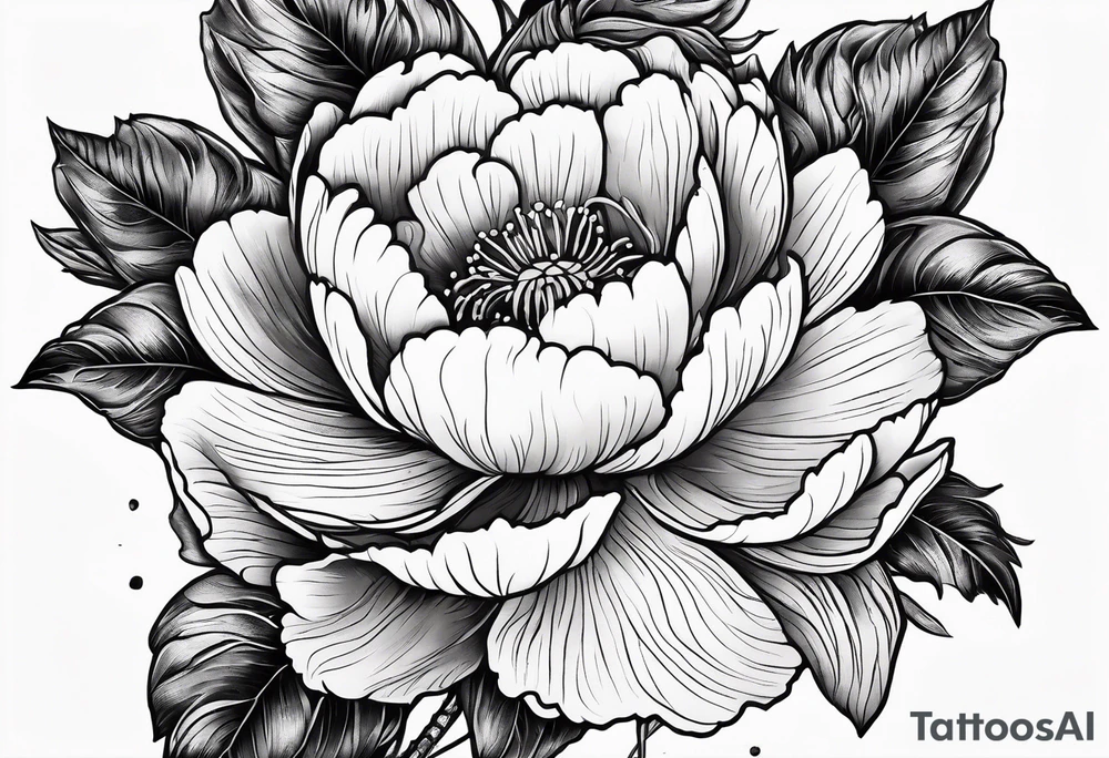 create a tattoo using hungarian embroidery, dark imagery, and a peony tattoo idea