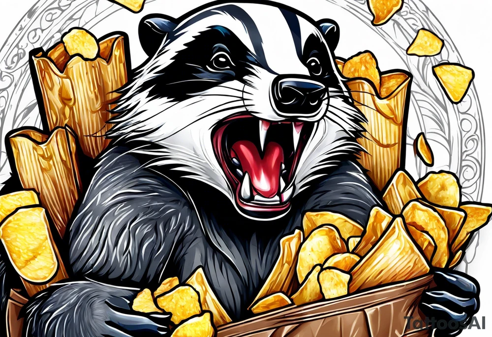 Angry badger with mouth open holding bag of chips tattoo idea