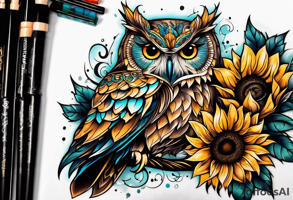 Owl with sunflowers leg sleeve tattoo idea