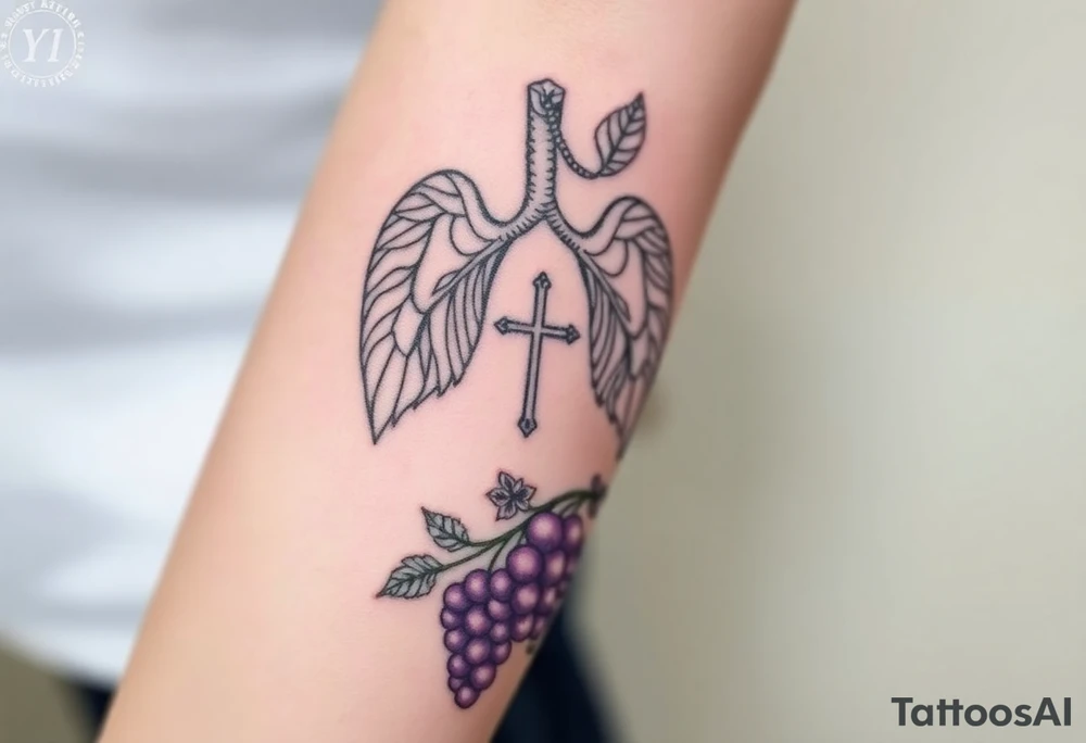 Initials YH WH in lungs with cross and grapes on vine tattoo idea