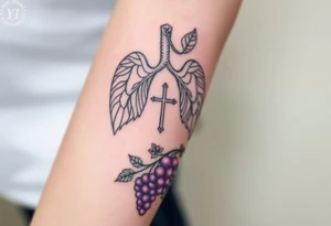 Initials YH WH in lungs with cross and grapes on vine tattoo idea