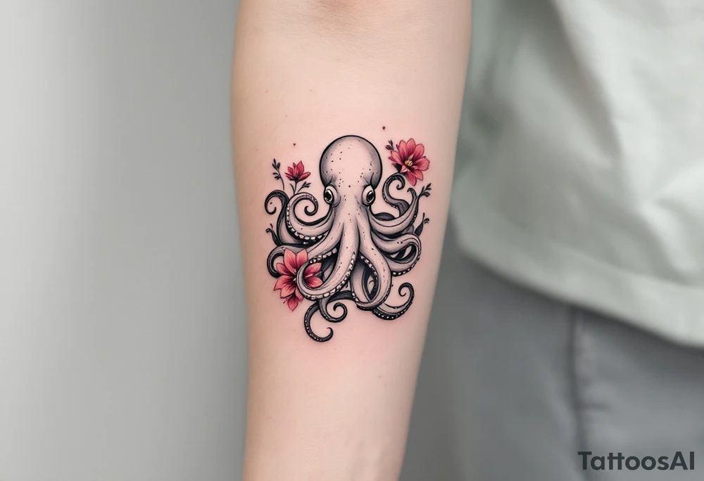A small realistic black and grey tattoo of an octopus, cute, with detailed shading and soft linework, showing the octopus with swirling tentacles, on light skin. ornamental flowers around with red ink. The style is minimalistic and elegant, resembling fine-line tattoo with a shadow tattoo idea