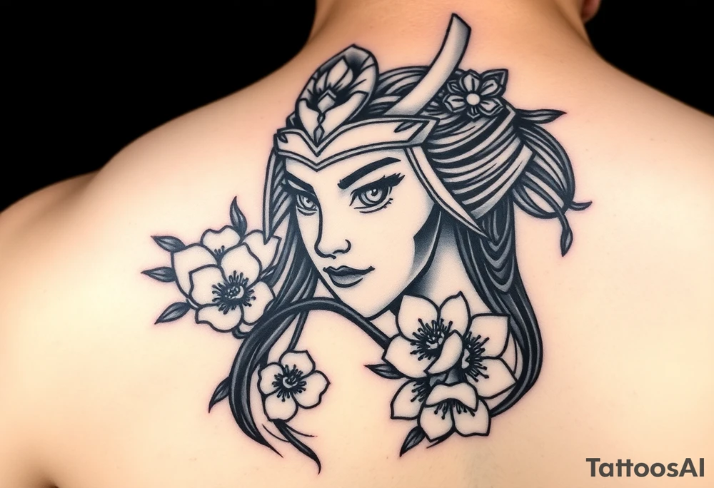 Samurai women warrior face
 with a with cherry blossom with wind lotuses tattoo idea
