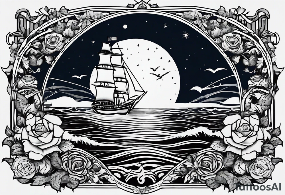 bateau, phare maritime, phoenix, rose des vents et lune bleu. tattoo idea