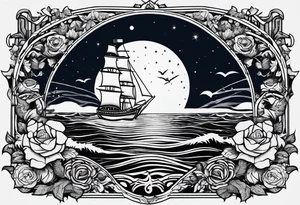 bateau, phare maritime, phoenix, rose des vents et lune bleu. tattoo idea