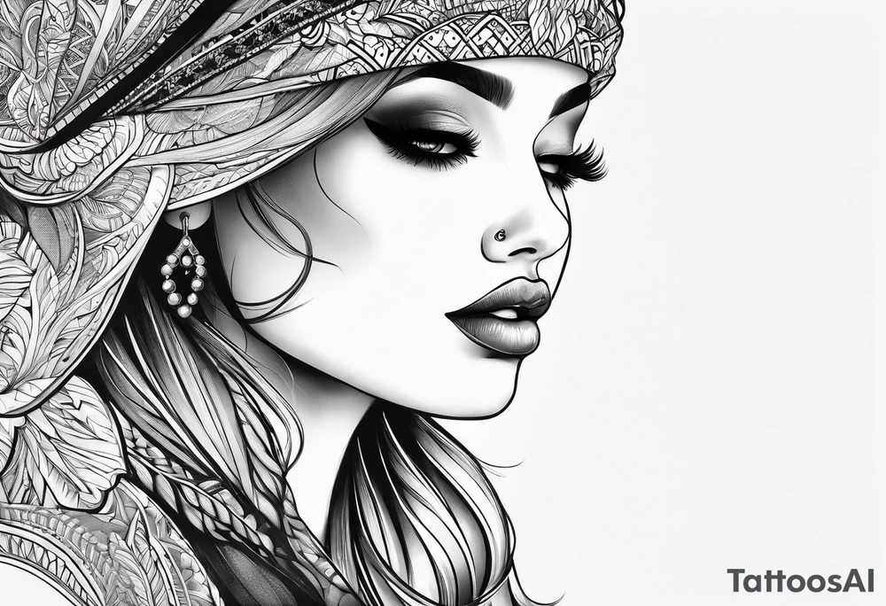 Half of beautiful woman face is invisible because of the fingers tattoo idea