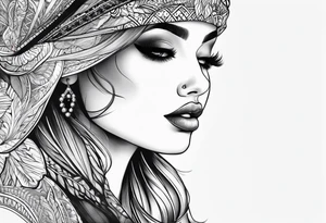 Half of beautiful woman face is invisible because of the fingers tattoo idea