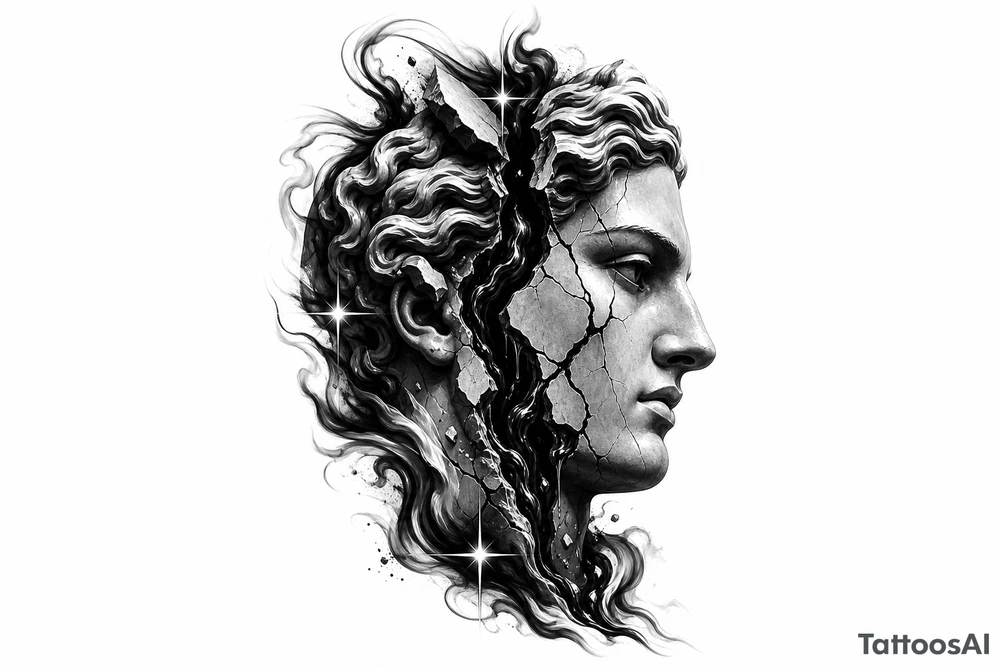 Black and grey tattoo design of a broken marble statue face split down the middle, side view profile, realistic shattered porcelain effect, dark wispy smoke and liquid pouring out of the cracks, Chicano tattoo shading, heavy blackwork background, sharp 4-point sparkle stars, high contrast, clean white background, detailed tattoo stencil style on side neck tattoo idea