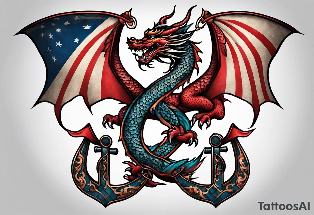 Asian dragon wrapping around an anchor centered on the Korean flag tattoo idea