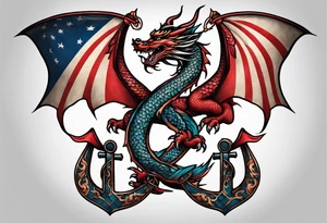 Asian dragon wrapping around an anchor centered on the Korean flag tattoo idea