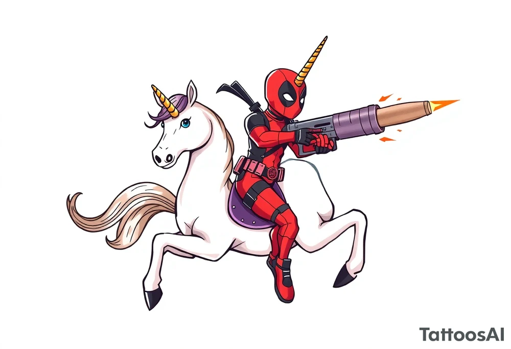 Deadpool riding a unicorn shooting Russian era rocket launcher tattoo idea
