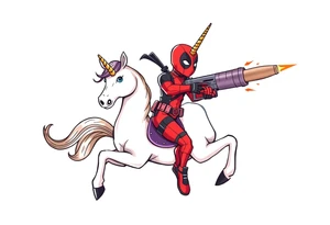 Deadpool riding a unicorn shooting Russian era rocket launcher tattoo idea