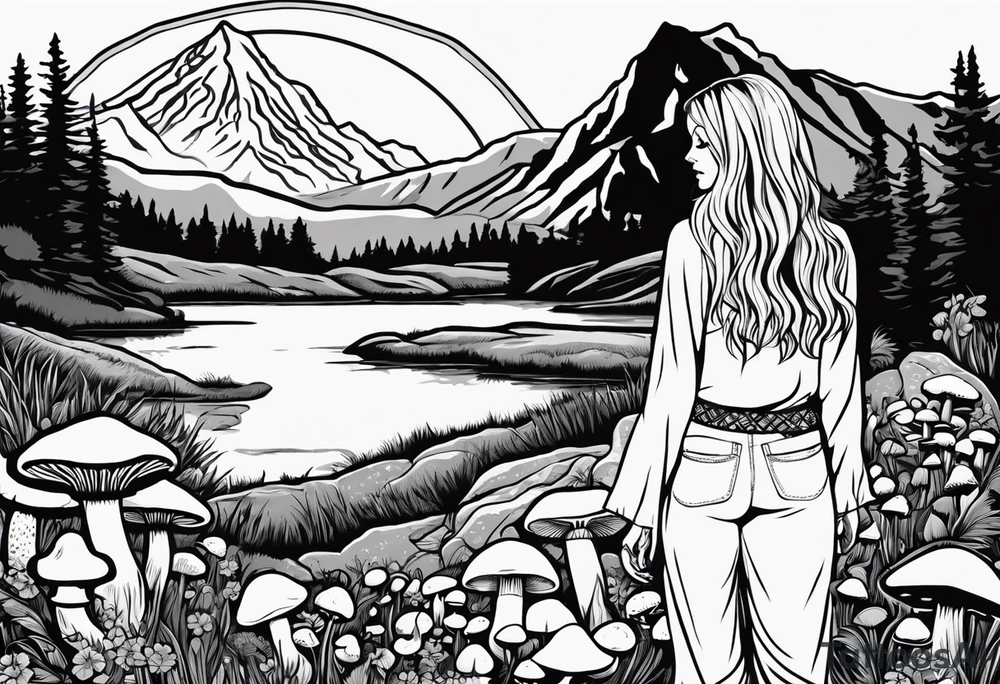 Whole picture encircled fully

Straight long blonde hair hippie girl in distance holding mushrooms in hand facing away toward mountains and creek surrounded by mushrooms long sleeve shirt and hiking pants; whole rendering within a full celtic circle border, no cut off circle tattoo idea