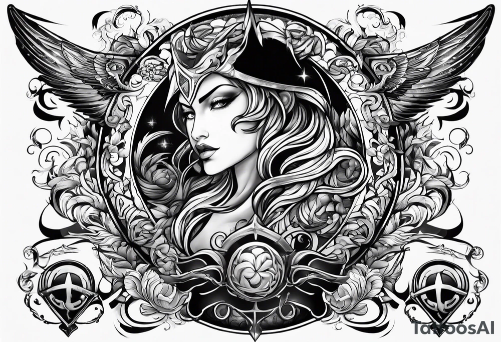 A triton staff with power symbols tattoo idea