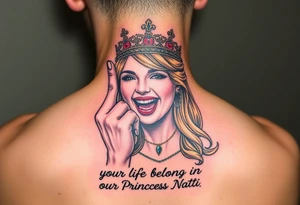 powerful blond findomme princess with crown on, holding up her middle finger laughing at you for being pathetic with caption “your life belongs to Princess Natti” tattoo idea