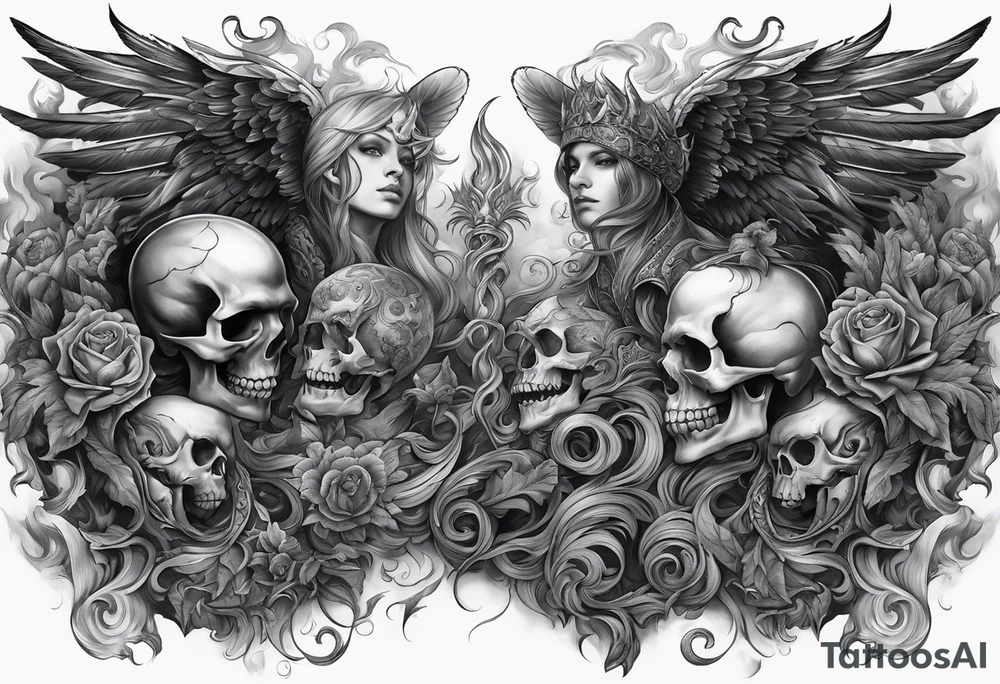 Angels vs demons full sleeve with skulls and fire and smoke for filler tattoo idea