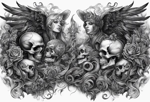 Angels vs demons full sleeve with skulls and fire and smoke for filler tattoo idea
